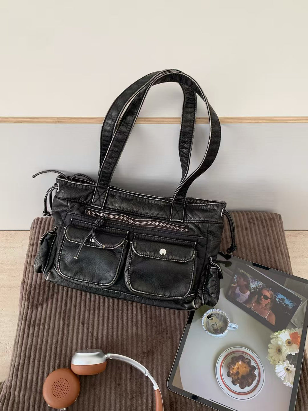 ANNA AMMONS Edgy Biker Shoulder Bag - Soft Leather Multi-Pocket Cargo Purse