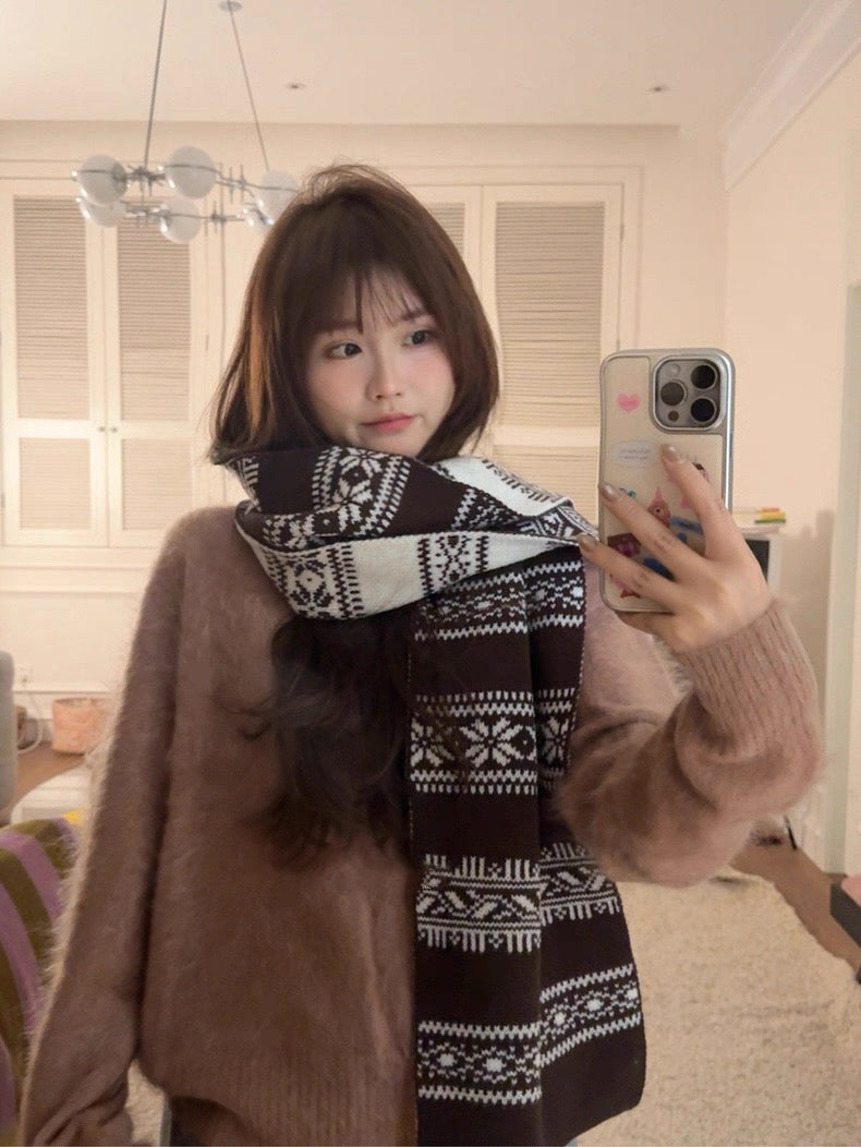 ANNA AMMONS Reversible Fair Isle Scarf - Vintage Christmas Vibe Jacquard Knit Shawl