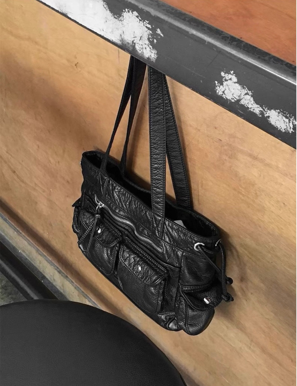 ANNA AMMONS Edgy Biker Shoulder Bag - Soft Leather Multi-Pocket Cargo Purse