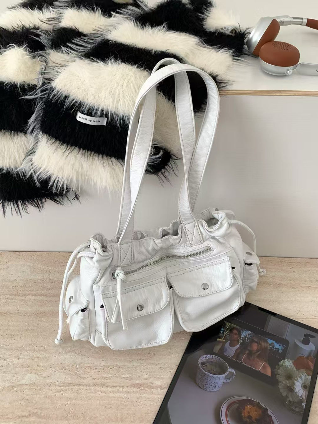 ANNA AMMONS Edgy Biker Shoulder Bag - Soft Leather Multi-Pocket Cargo Purse