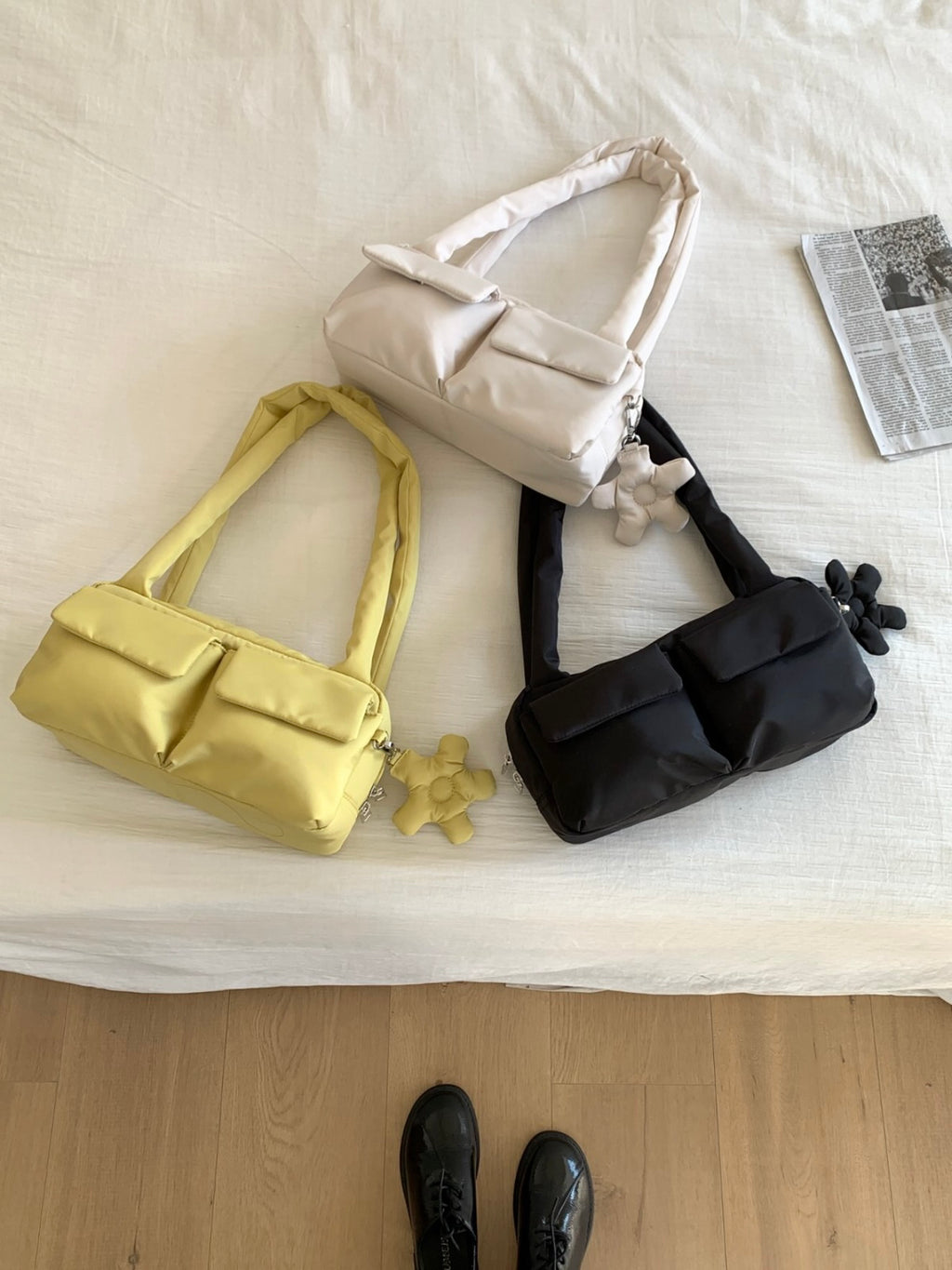 ANNA AMMONS Large Multi-Pocket Nylon Tote - Lightweight Quilted Puffy Shoulder Bag